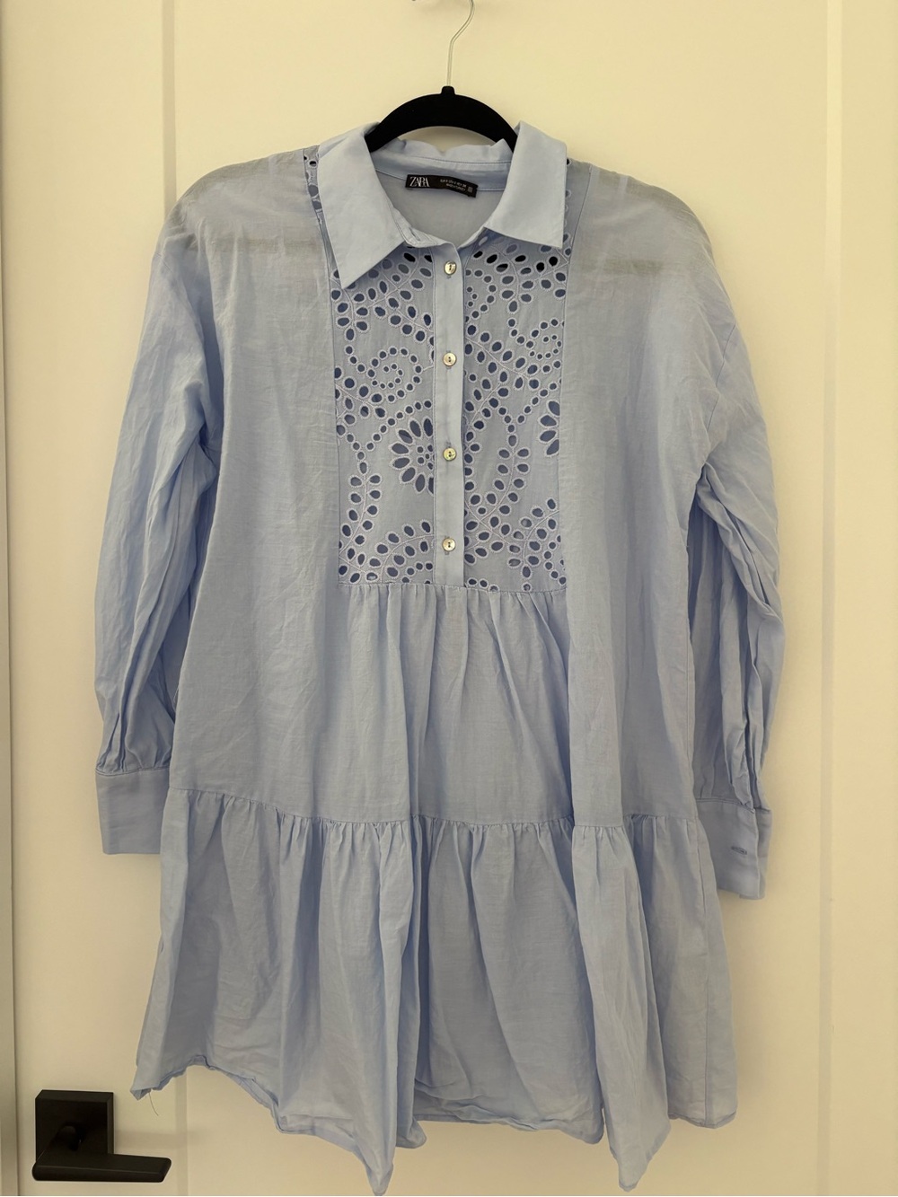Zara Light Blue Eyelet Panel Shirt Dress